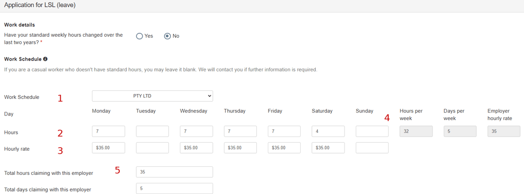 Workers can add their work schedule for all current employers. Numbers refer to the steps outlined in the guide.