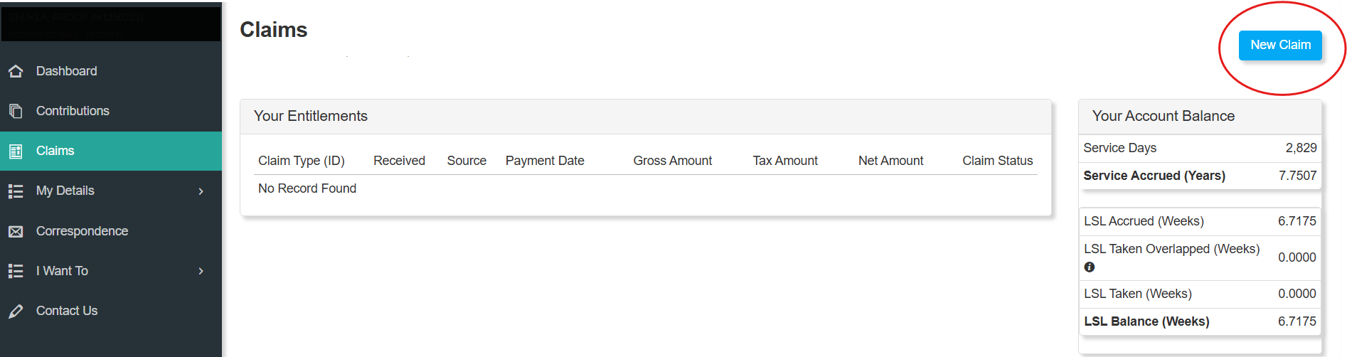 If a worker is eligible for portable long service, a new claim button will show in the top right corner of the claims tab.