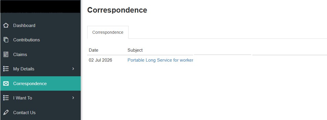 The correspondence tab. Select this option to view any correspondence between worker and the Authority. 