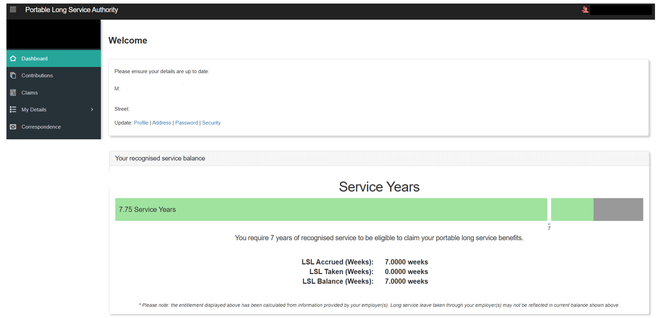 The worker portal dashboard showing welcome screen and service years accrued. 