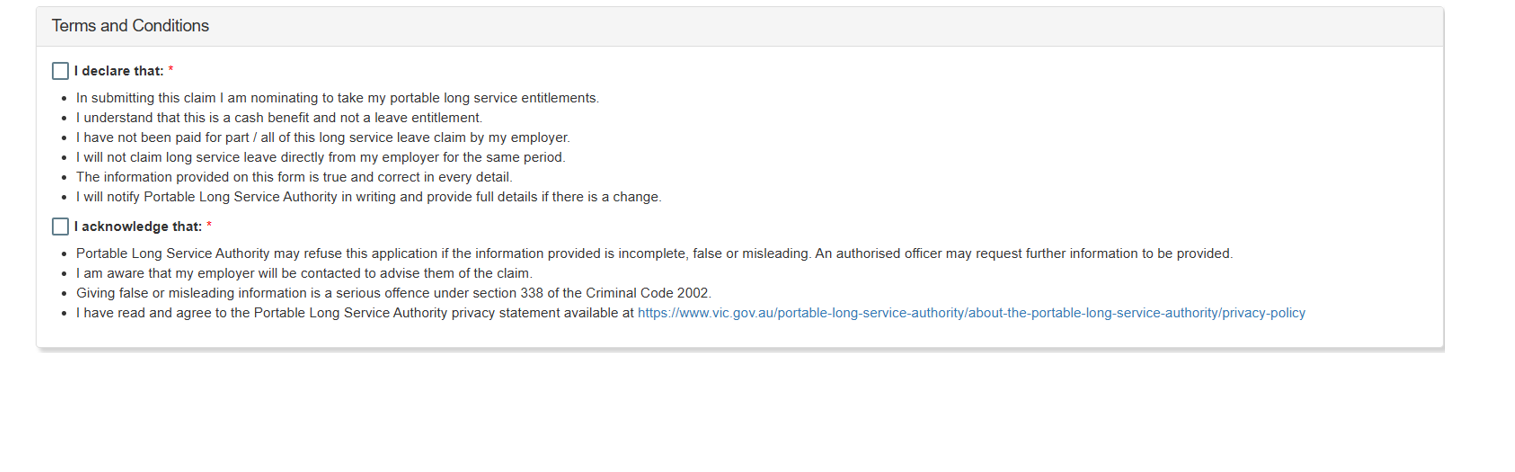 The terms and conditions a community services worker must agree to before lodging their claim