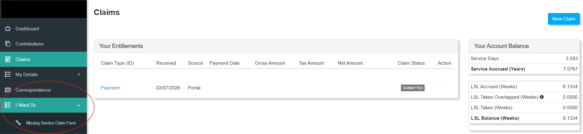 'I want to' tab shows where to find the form for a worker to claim for missing service.