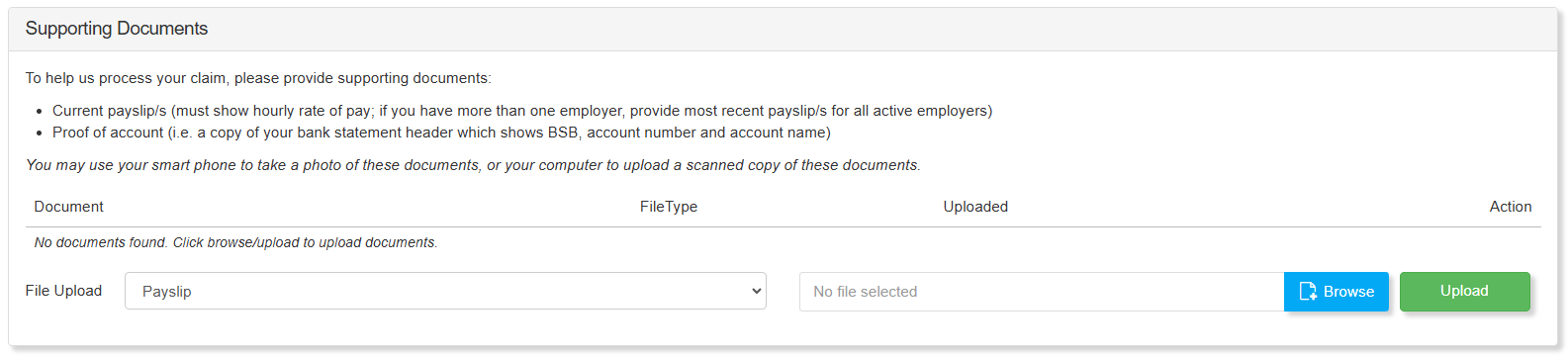 A view of the worker portal, how to upload supporting documents for a community services worker.